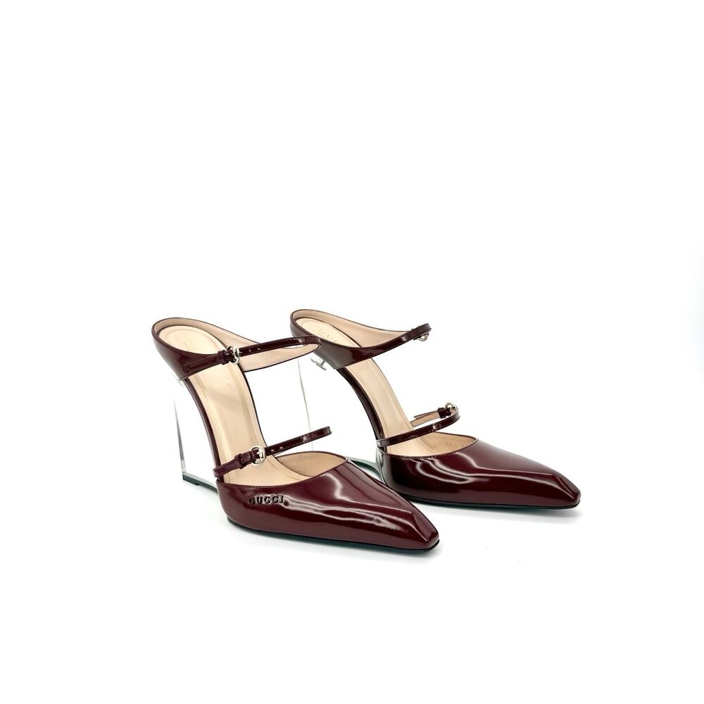 NIB Gucci Rosso Ancora Red 39 US 9 Buckle Strap Transparent Wedge Mule Heels